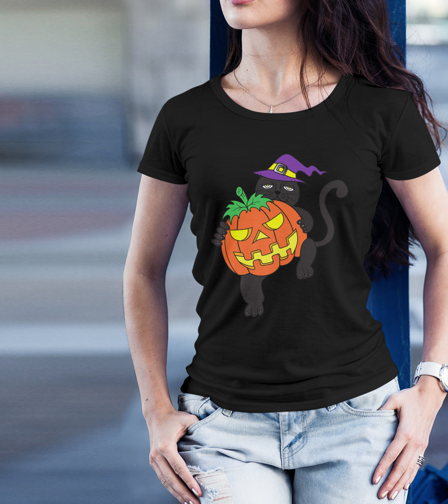 Happy Halloween Scary Black Cat Pumpkin T-Shirt