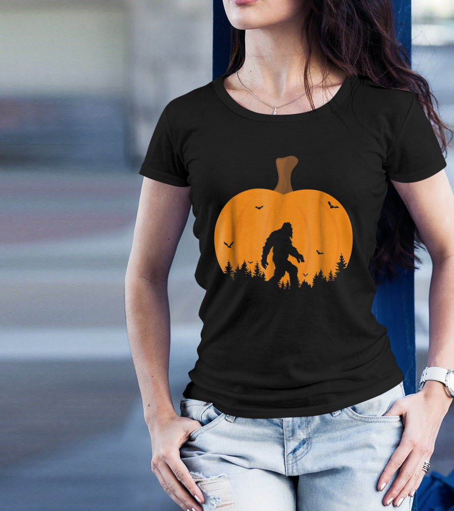 Bigfoot Sasquatch Silhouette With Bats And Trees Inside Halloween Pumpkin T-Shirt