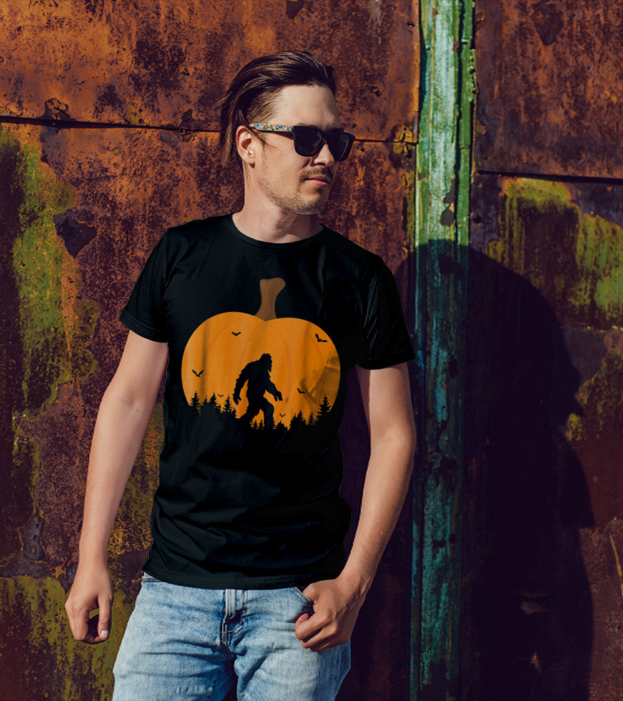 Bigfoot Sasquatch Silhouette With Bats And Trees Inside Halloween Pumpkin T-Shirt