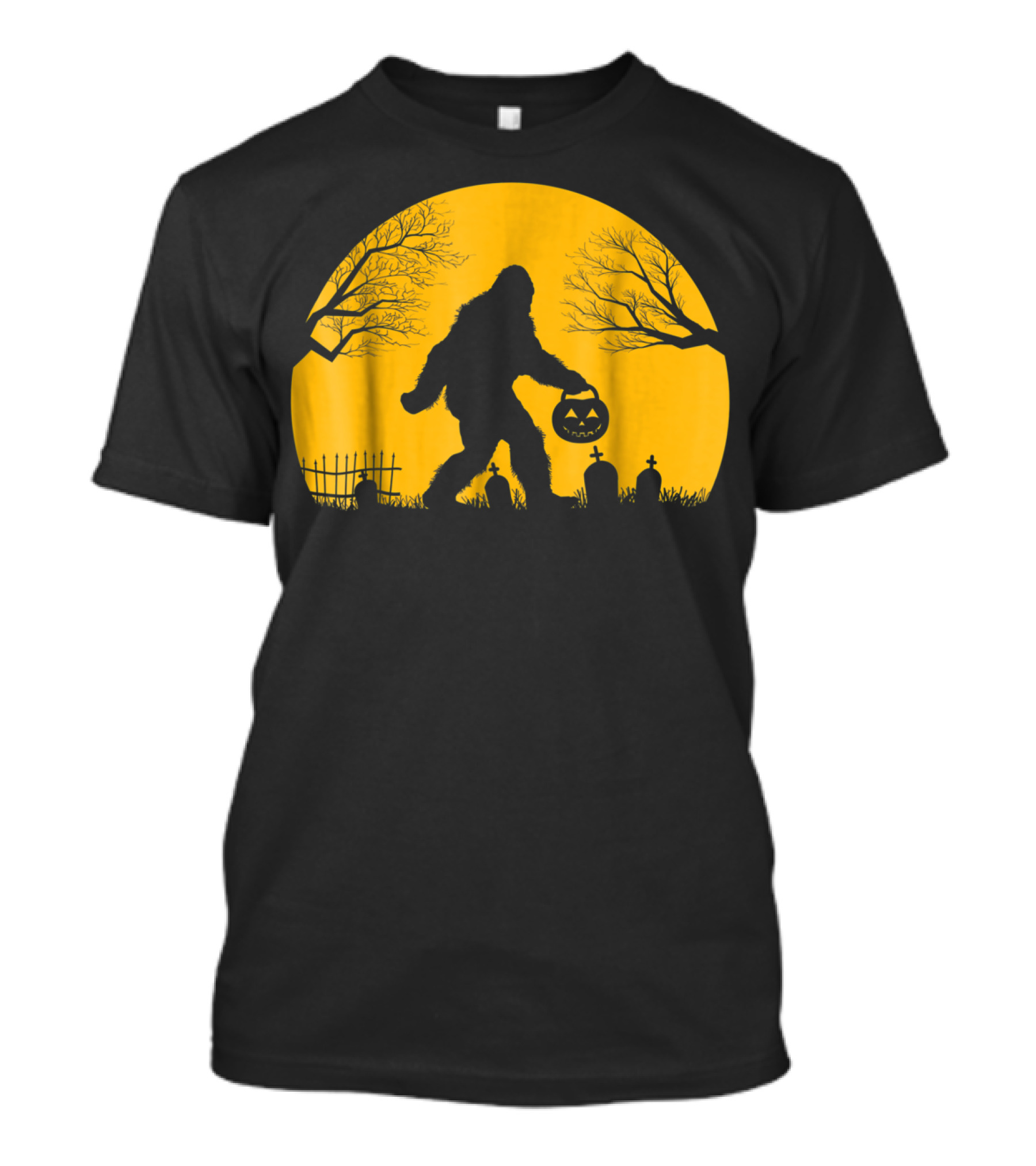 Bigfoot Halloween Moon Silhouette With Pumpkin Lantern And Gravestones T-Shirt