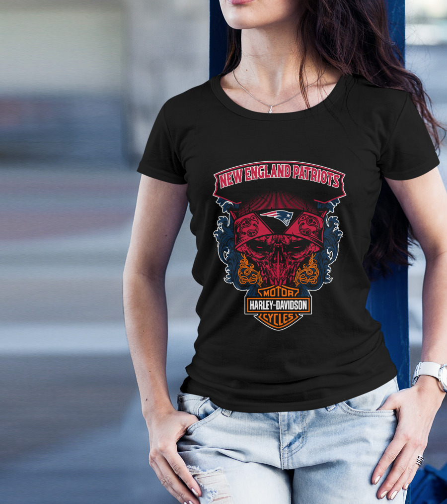 New England Patriots Skull Harley Davidson Motorcycles T-Shirt