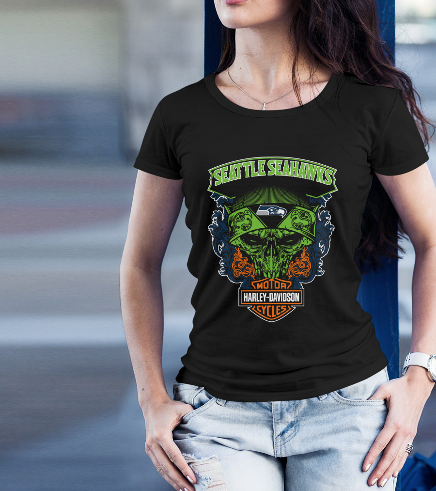 Seattle Seahawks Harley Davidson Skull Motor Cycles T-Shirt