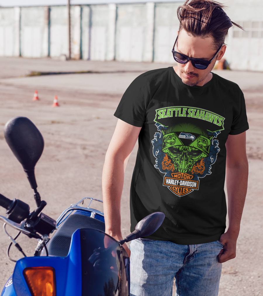 Seattle Seahawks Harley Davidson Skull Motor Cycles T-Shirt