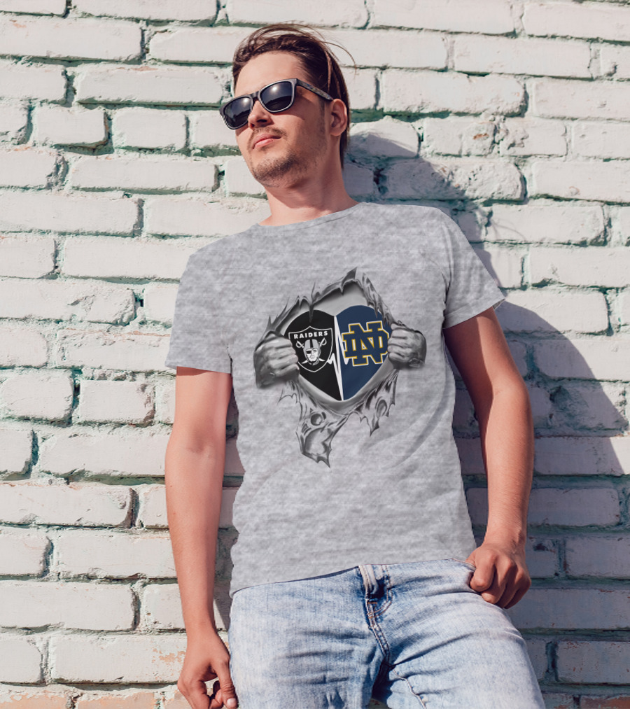 Raiders Notre Dame Logo Heart Hands Torn Fabric T-Shirt