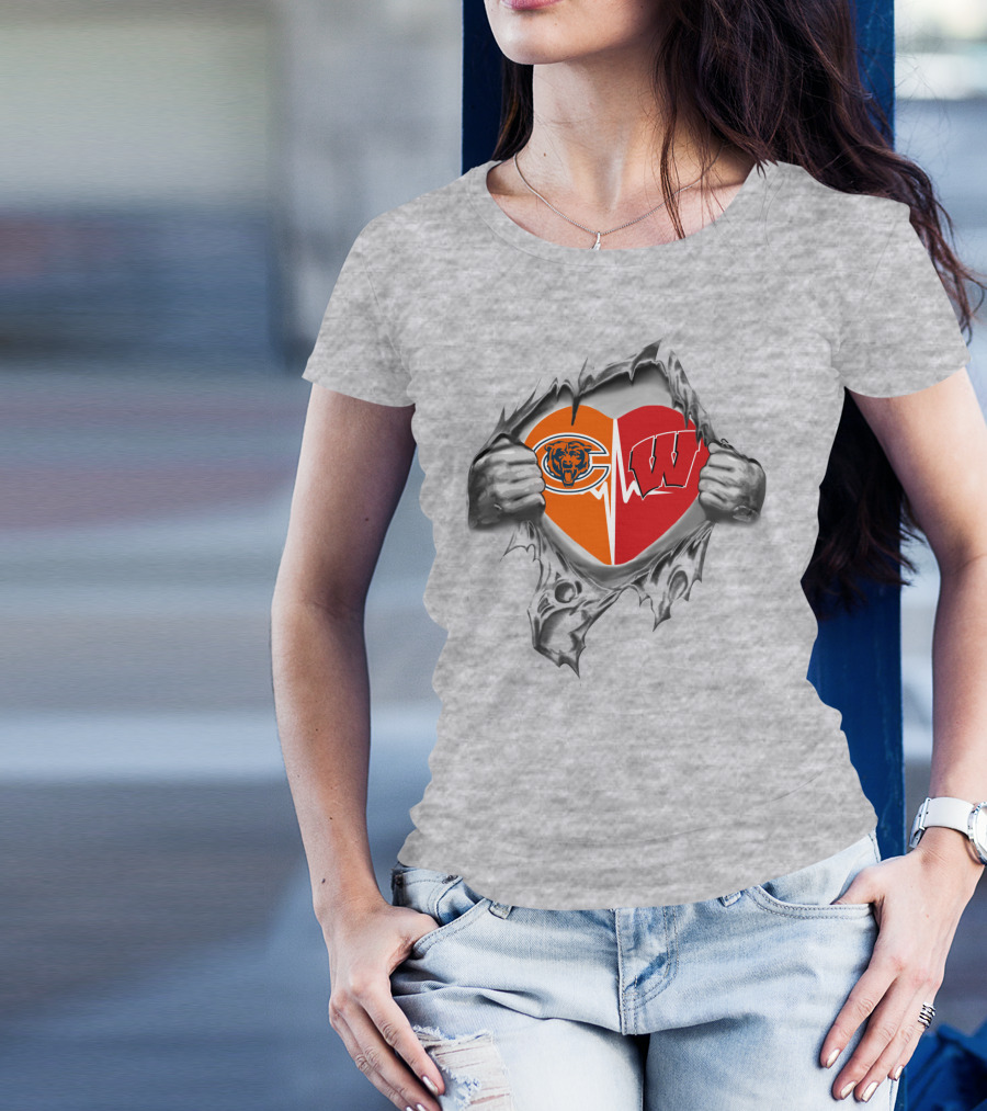 Bears Badgers Heart Chicago Wisconsin Football Pride T-Shirt