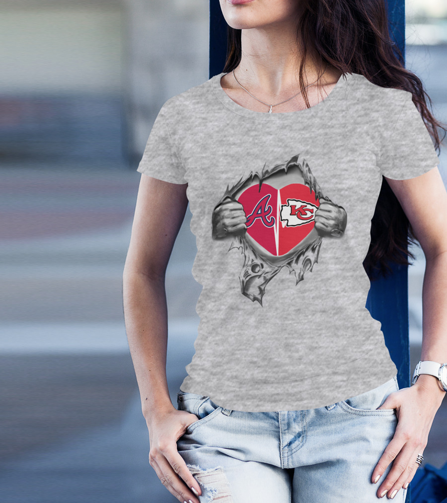 Braves Chiefs Heart Logos Through Torn Fabric T-Shirt