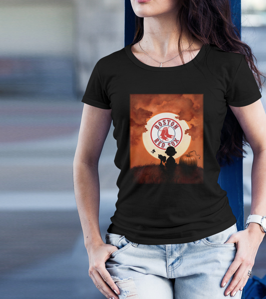 Boston Red Sox Halloween Night With Pumpkin And Full Moon T-Shirt