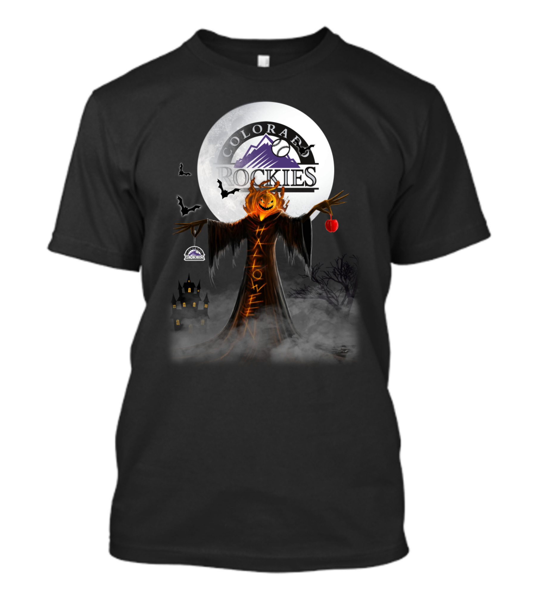 Colorado Rockies Halloween Pumpkin Moon Bats Castle Spooky Shadows T-Shirt