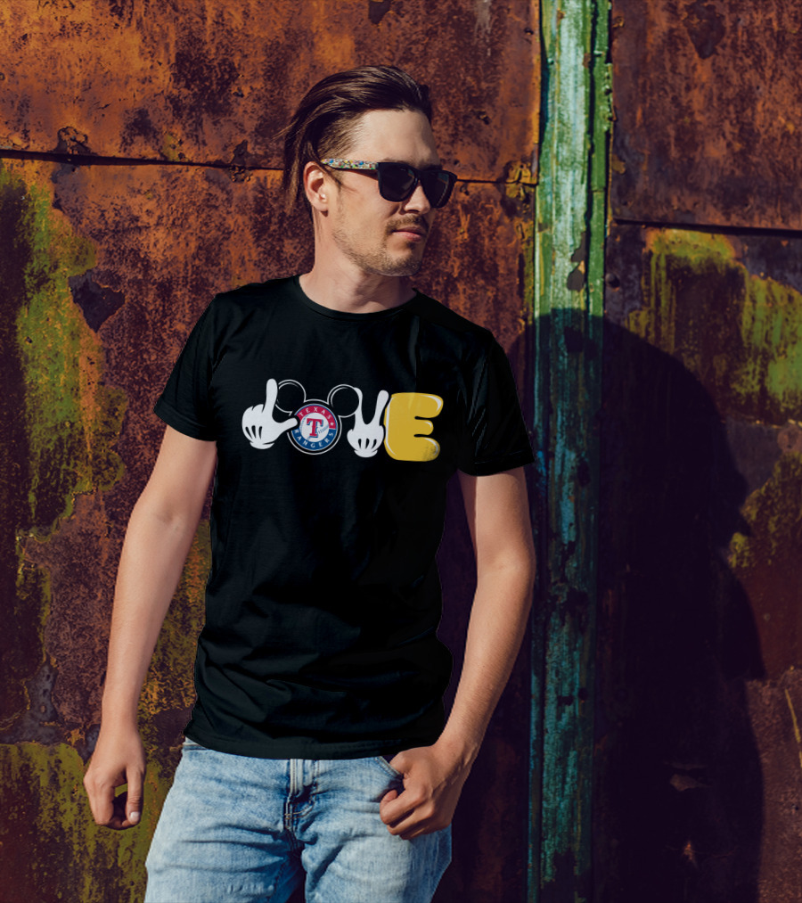 Love Texas Rangers Mickey Mouse Ears And Gloves T-Shirt