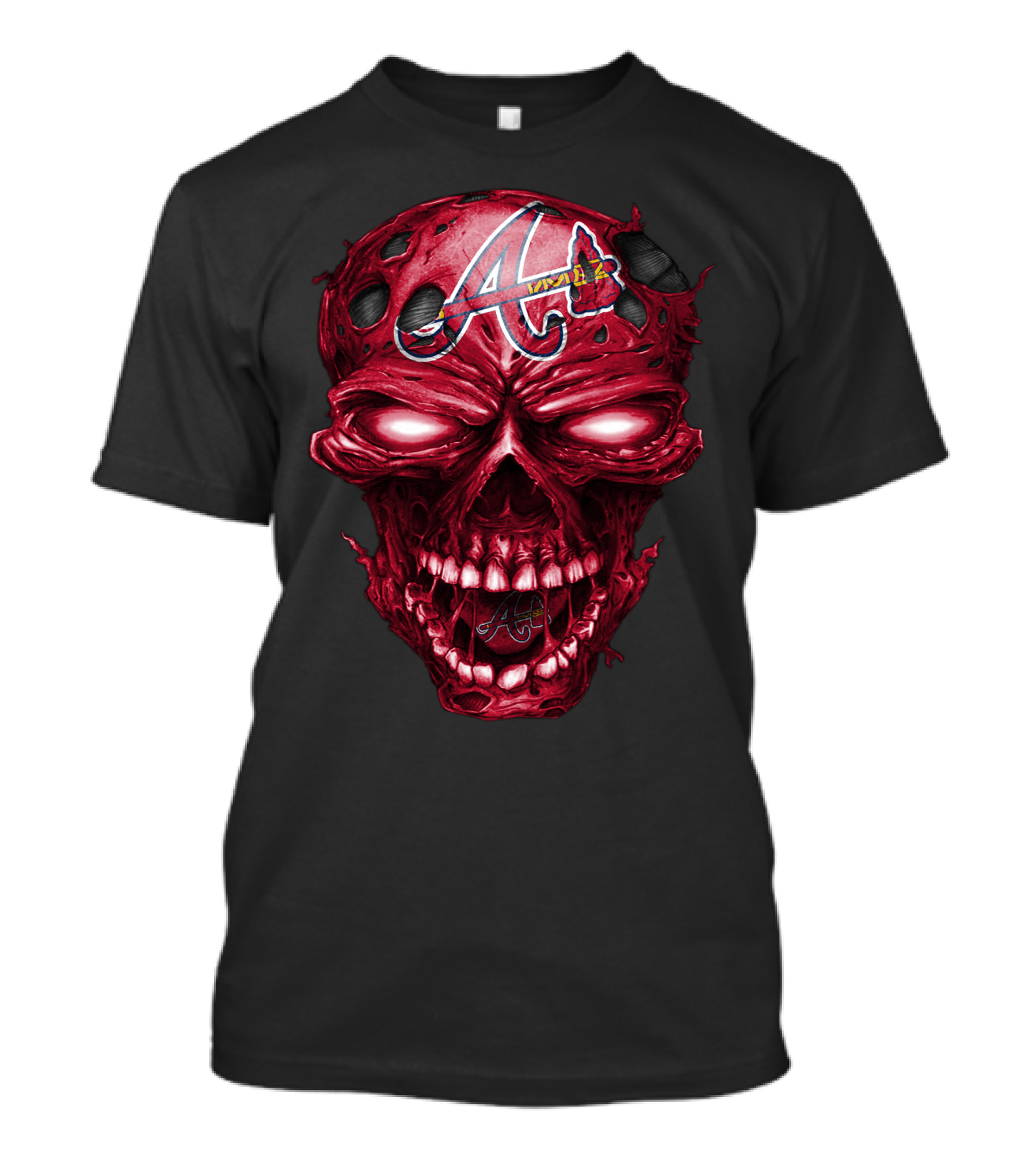 Atlanta Braves Red Skull With Team Logo And Tomahawk T-Shirt