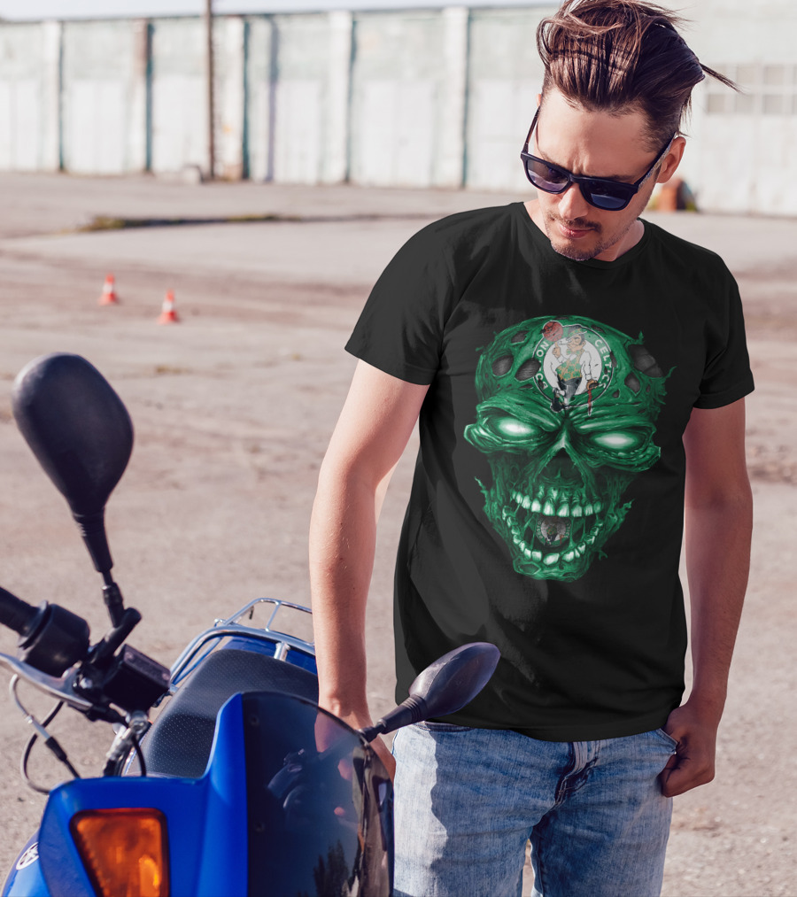 Boston Celtics Skull With Team Logo And Green Fire Eyes T-Shirt