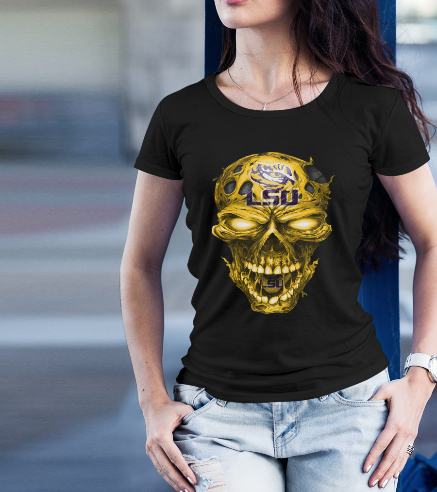 Lsu Tigers Skull Graphic With Logo And Fierce Glowing Eyes T-Shirt