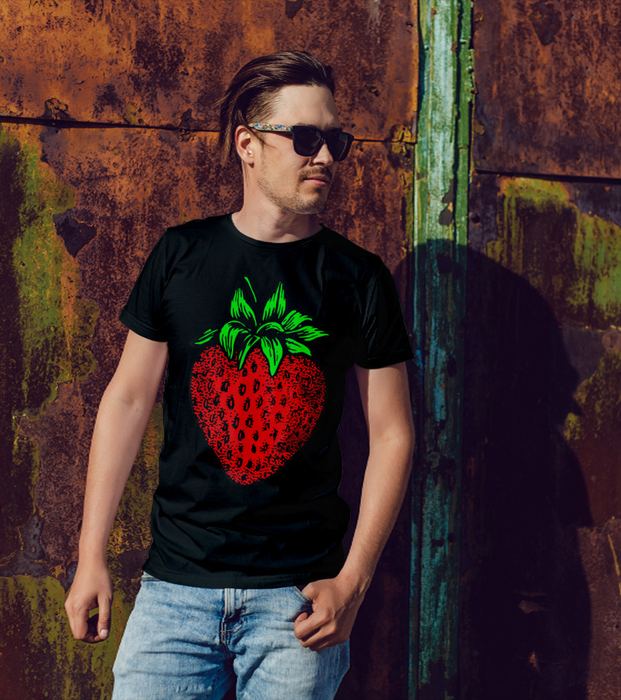 Strawberry Illustration With Green Leaves T-Shirt