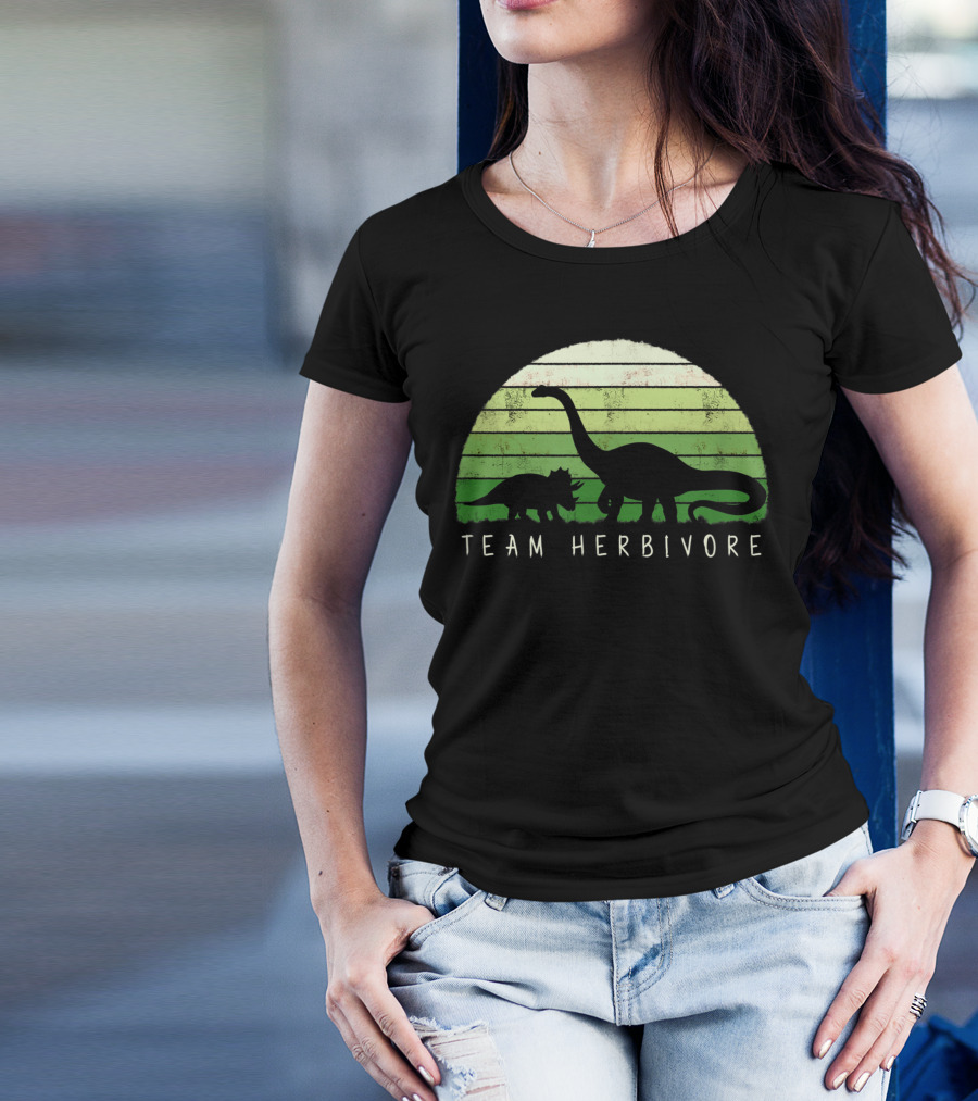 Team Herbivore Dinosaur Dino Vegetarian Vegan Silhouette In Green Stripes T-Shirt