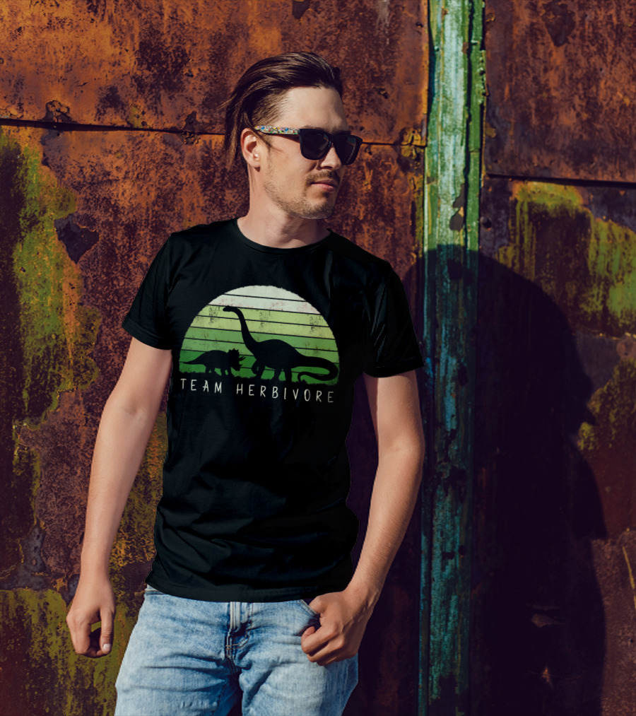 Team Herbivore Dinosaur Dino Vegetarian Vegan Silhouette In Green Stripes T-Shirt