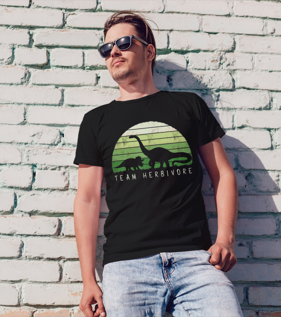 Team Herbivore Dinosaur Dino Vegetarian Vegan Silhouette In Green Stripes T-Shirt