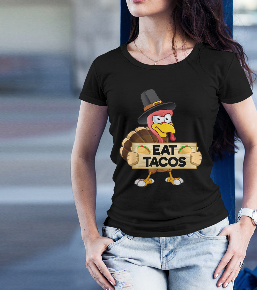 Turkey With Pilgrim Hat Holding Sign Eat Tacos Kids Adult Vegan T-Shirt