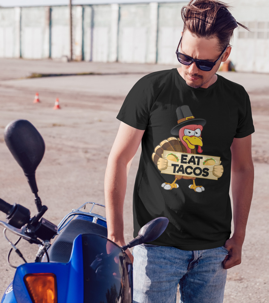 Turkey With Pilgrim Hat Holding Sign Eat Tacos Kids Adult Vegan T-Shirt