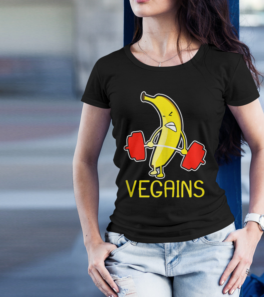 Vegains Banana Vegan Athlete Lifting Weights T-Shirt