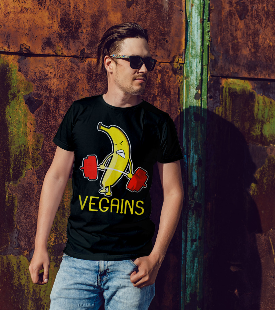 Vegains Banana Vegan Athlete Lifting Weights T-Shirt