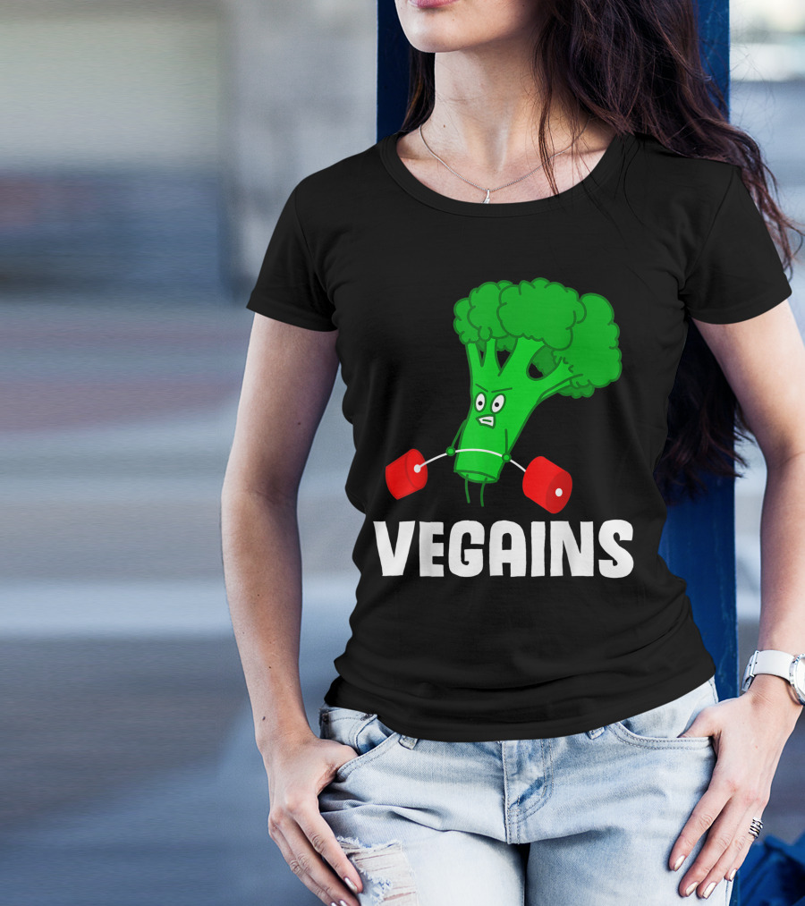 Vegains Broccoli Weightlifting For Vegan Athlete Plant Powered Workout T-Shirt