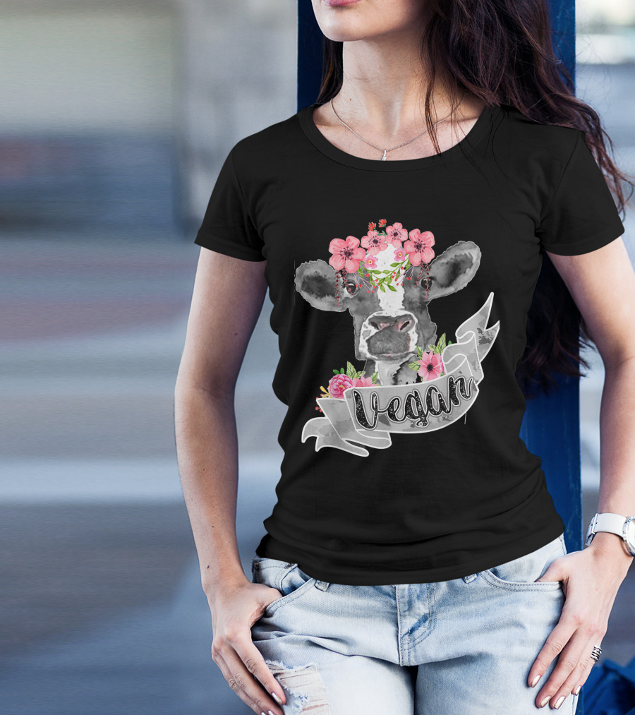 Vegan Cow With Pink Flower Headband And Banner T-Shirt