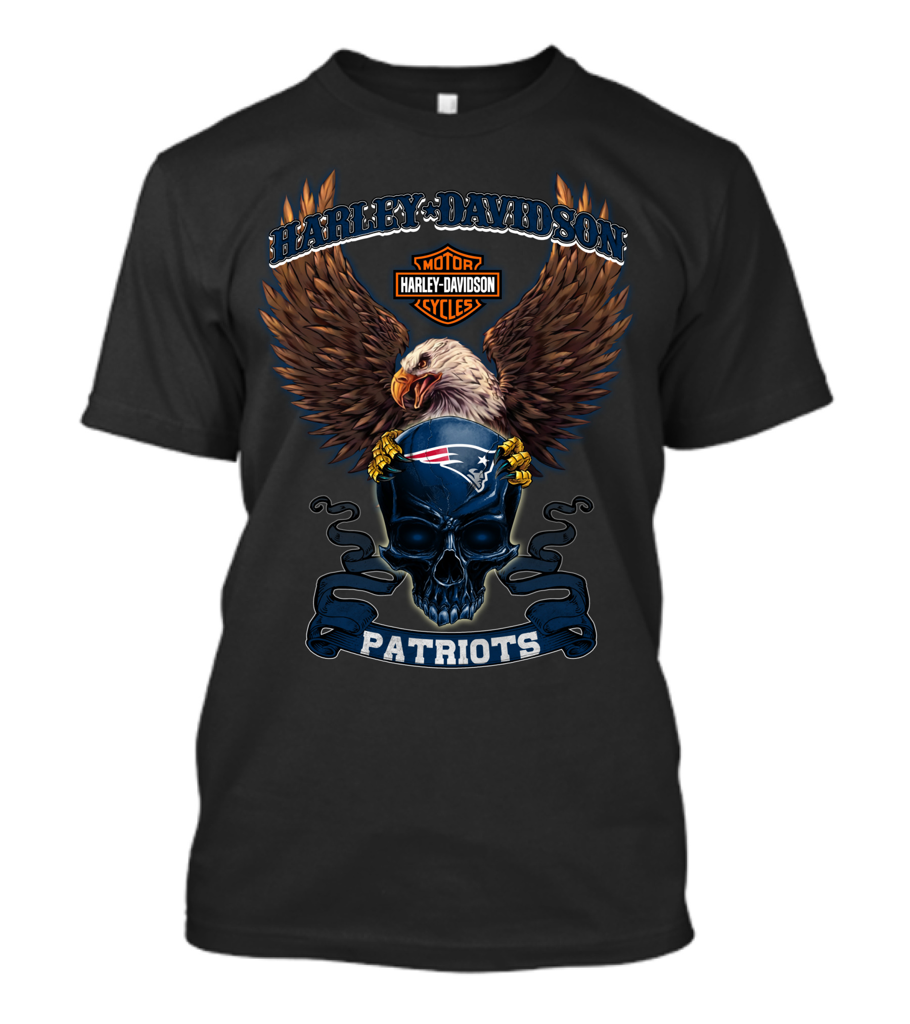 New England Patriots Harley Davidson Motor Cycles Eagle Skull T-Shirt