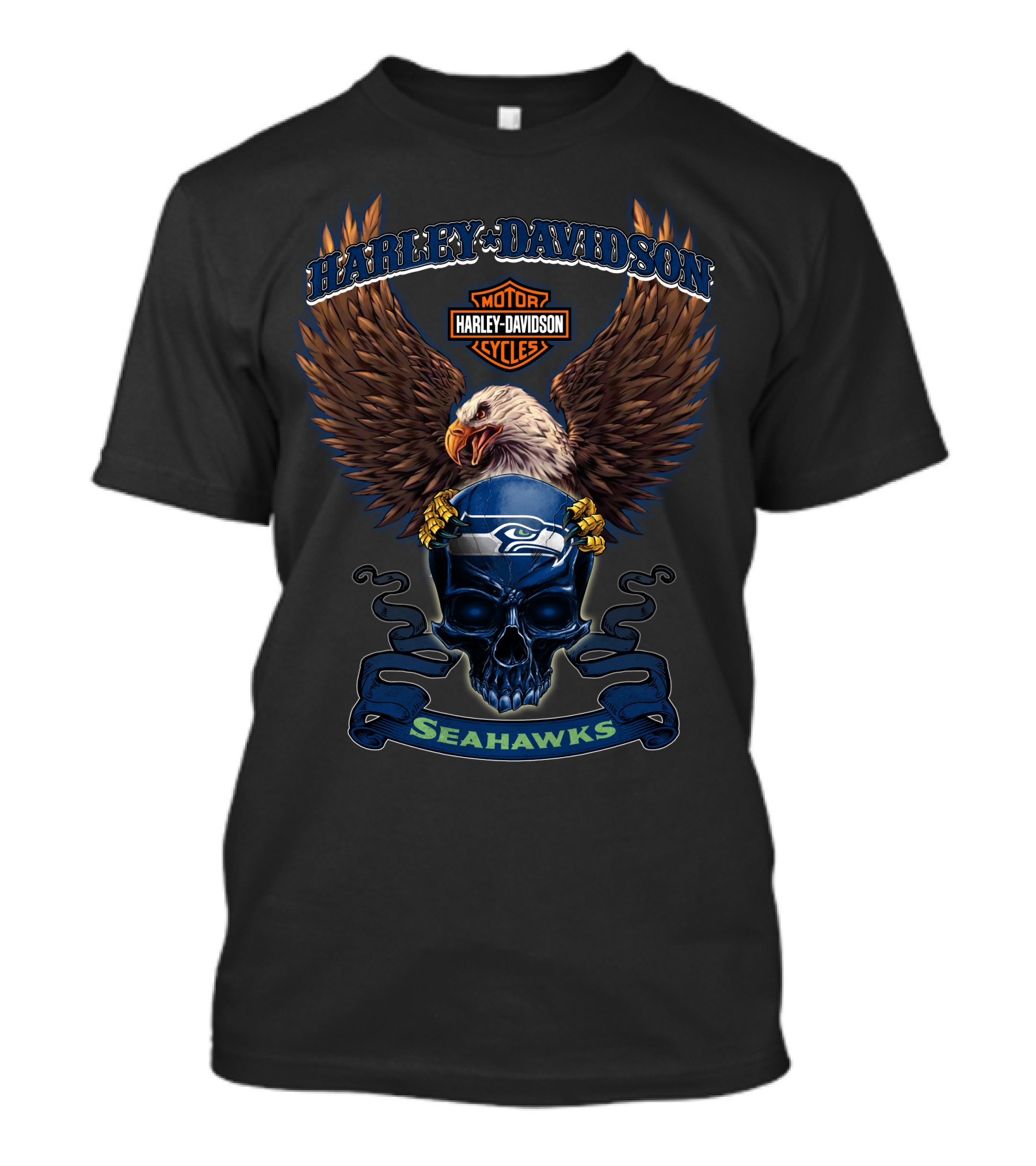 Harley Davidson Seattle Seahawks Bald Eagle Skull Cycles T-Shirt