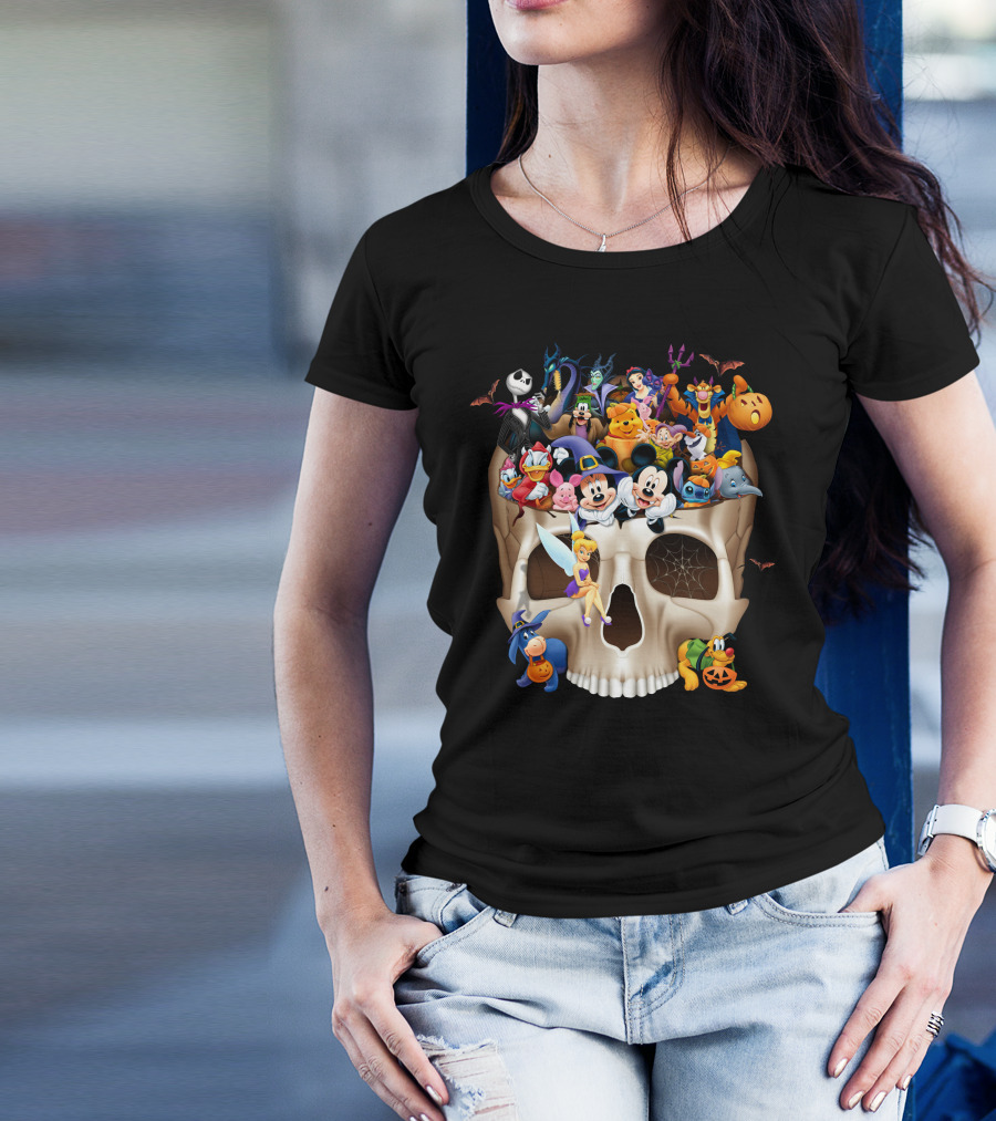 Disney Halloween Skull Characters Mickey Maleficent Jack Skellington Tinker Bell Stitch Donald Goofy T-Shirt