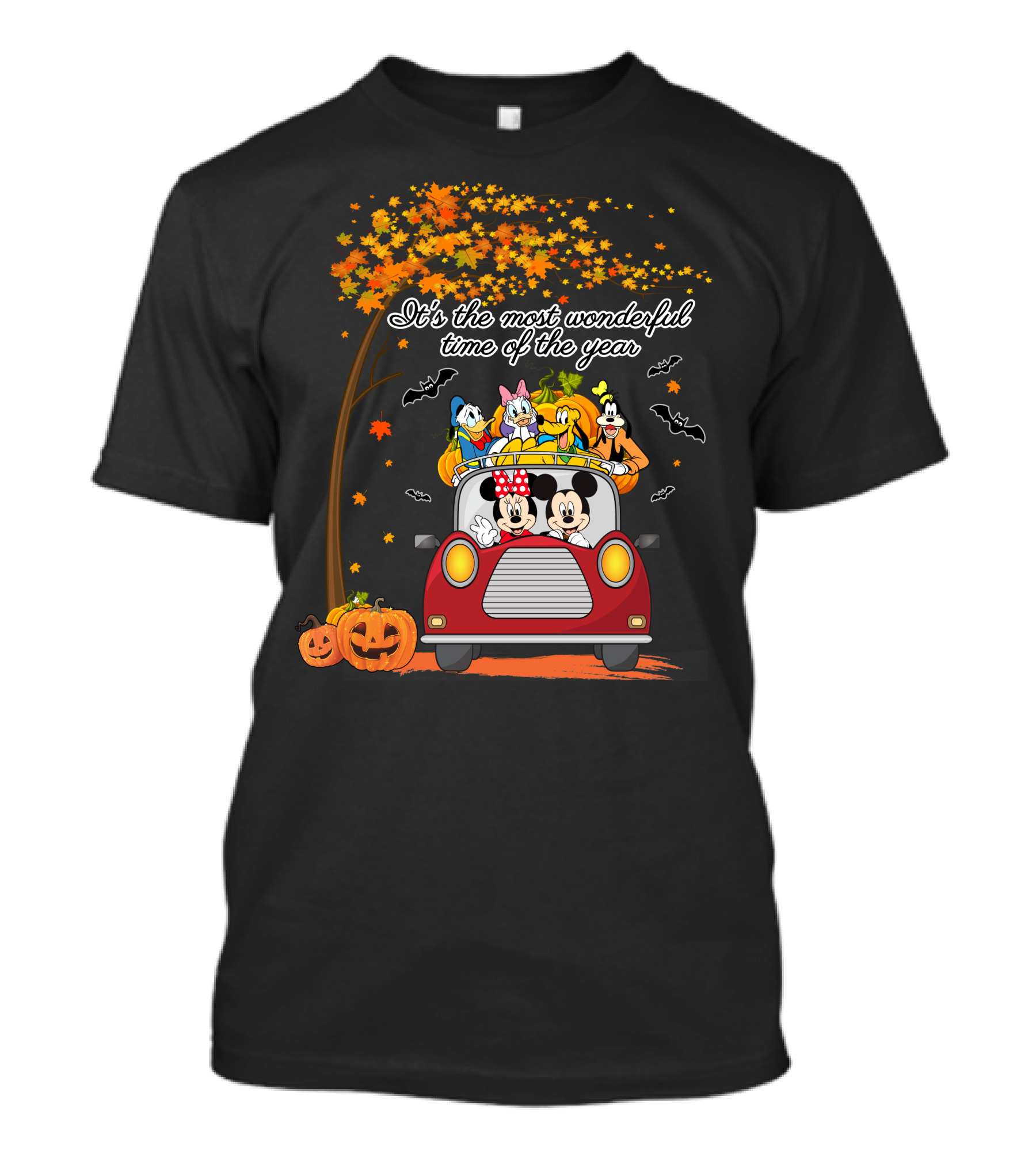 It's The Most Wonderful Time Of The Year Halloween Disney Characters In Car With Pumpkins And Leaves T-Shirt