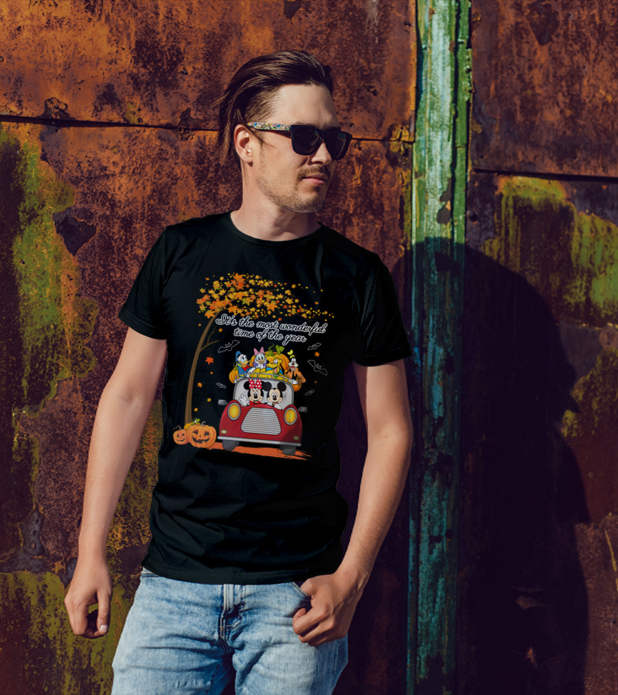 It's The Most Wonderful Time Of The Year Halloween Disney Characters In Car With Pumpkins And Leaves T-Shirt