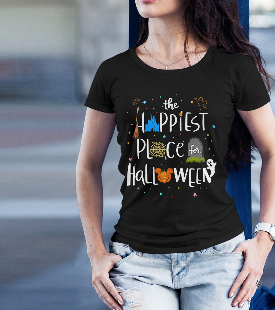 The Happiest Place For Halloween Spooky Castle Mickey Pumpkin Ghost Bats T-Shirt