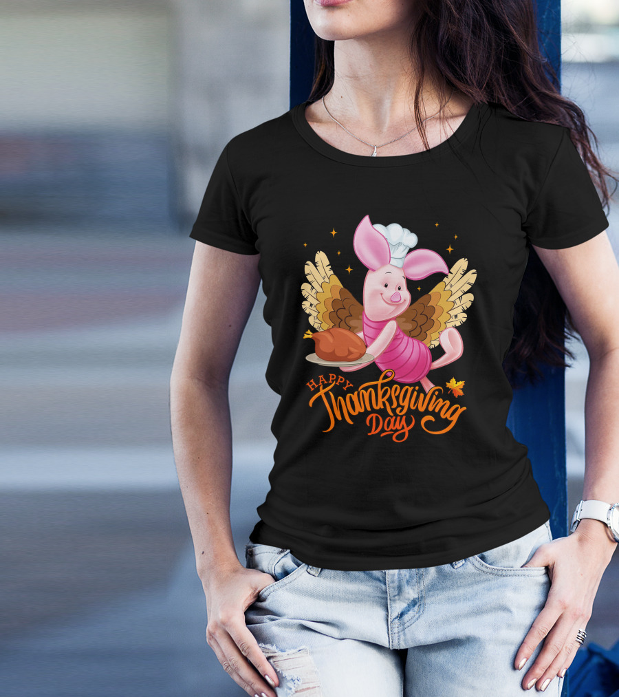 Happy Thanksgiving Day Piglet Chef With Turkey And Wings T-Shirt