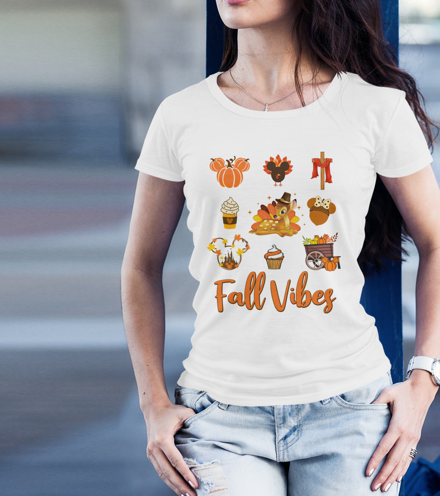 Fall Vibes Bambi Pumpkin Coffee Castle Mickey Ears Thanksgiving T-Shirt