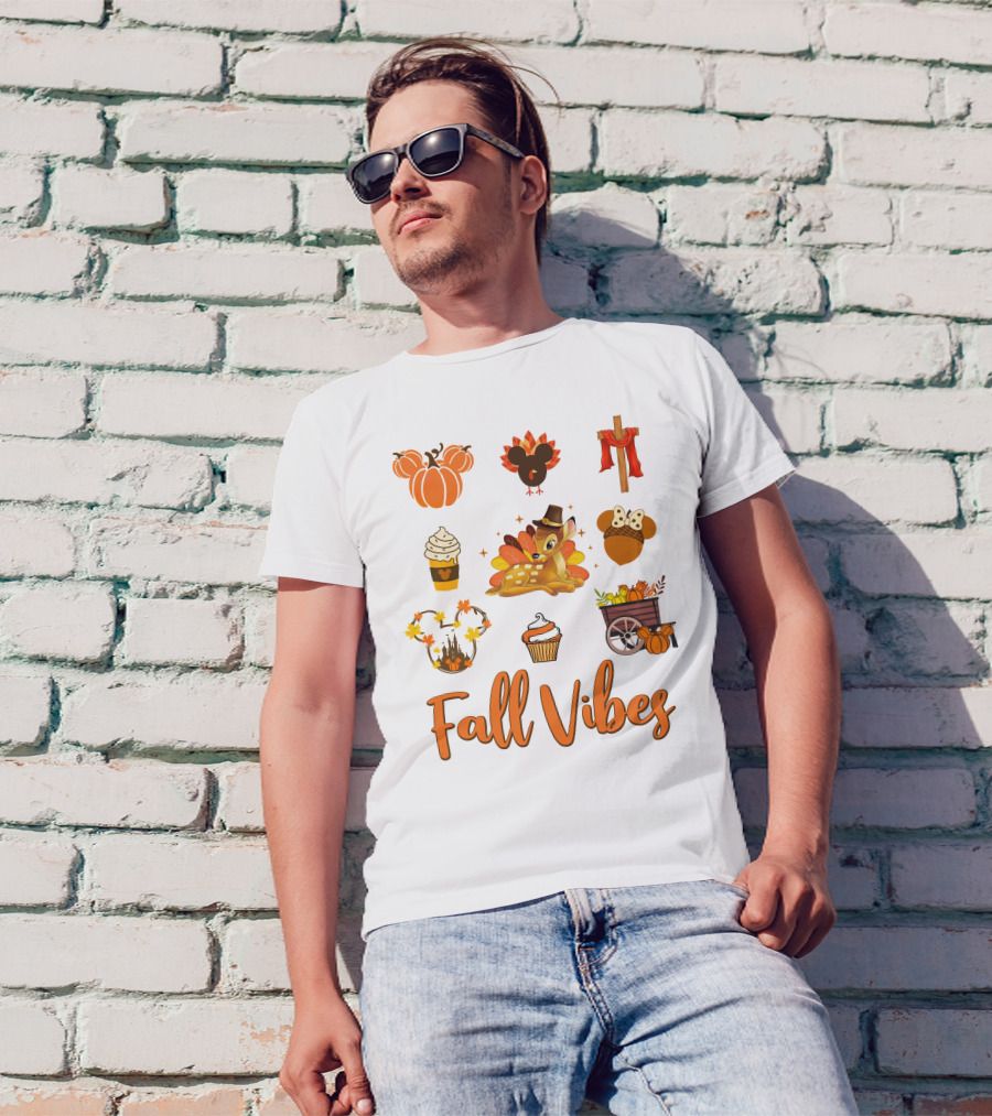 Fall Vibes Bambi Pumpkin Coffee Castle Mickey Ears Thanksgiving T-Shirt