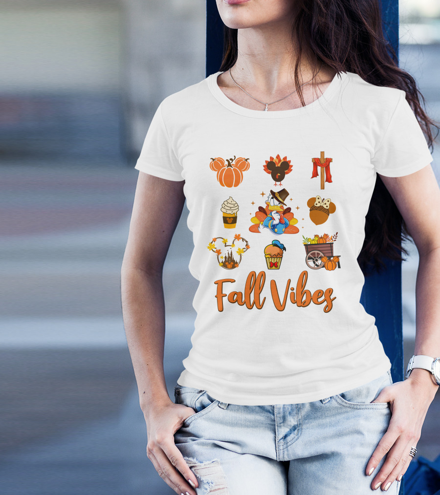 Fall Vibes Donald Thanksgiving Decorations Pumpkin Mickey Mouse Cupcake T-Shirt