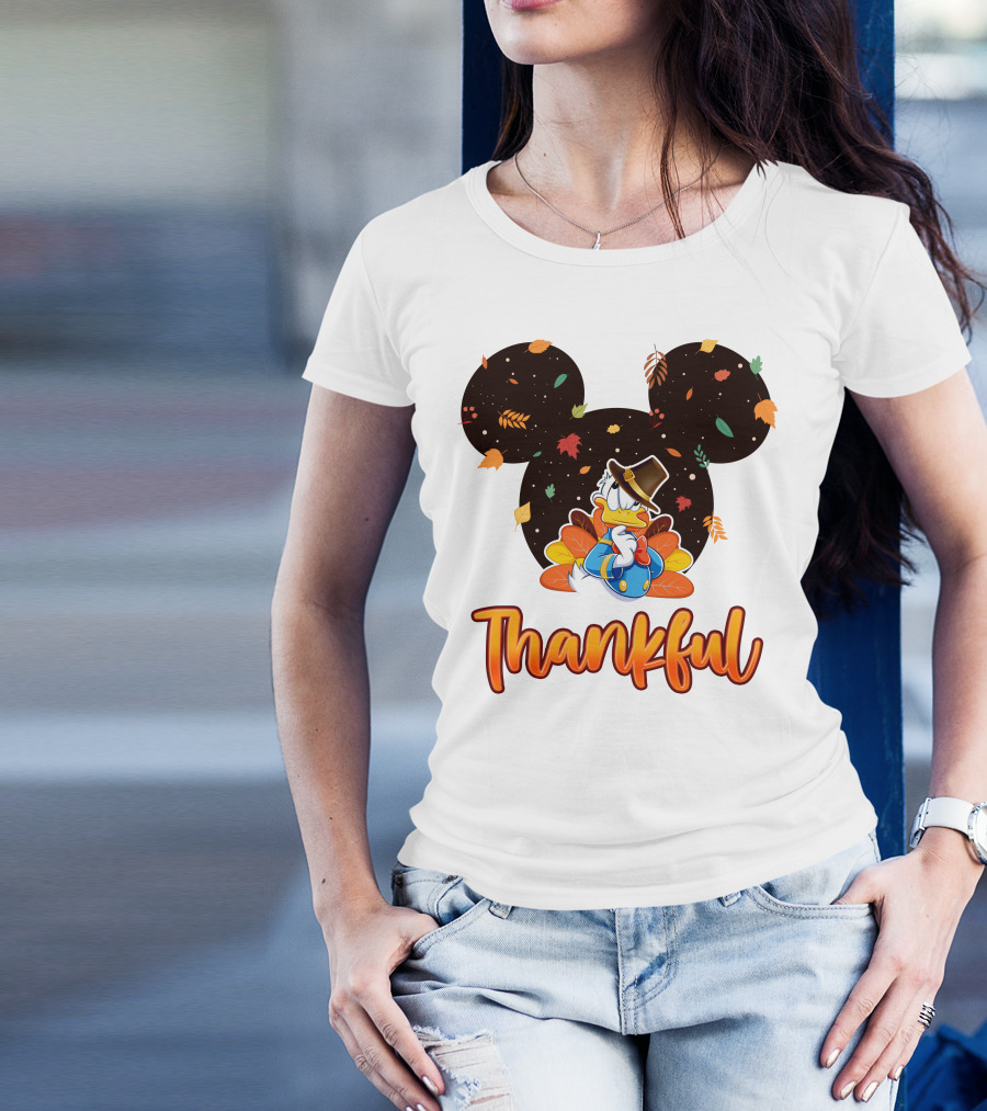 Thankful Donald Duck Mickey Ears Fall Leaves T-Shirt