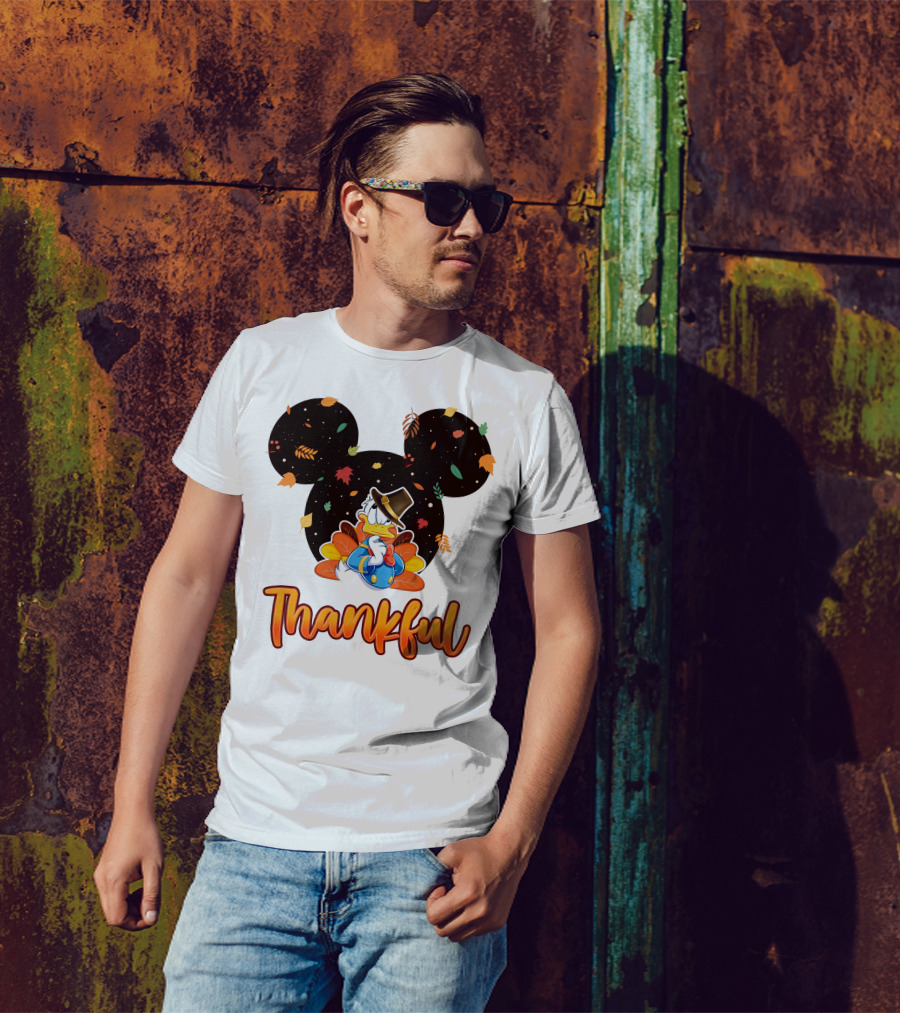 Thankful Donald Duck Mickey Ears Fall Leaves T-Shirt