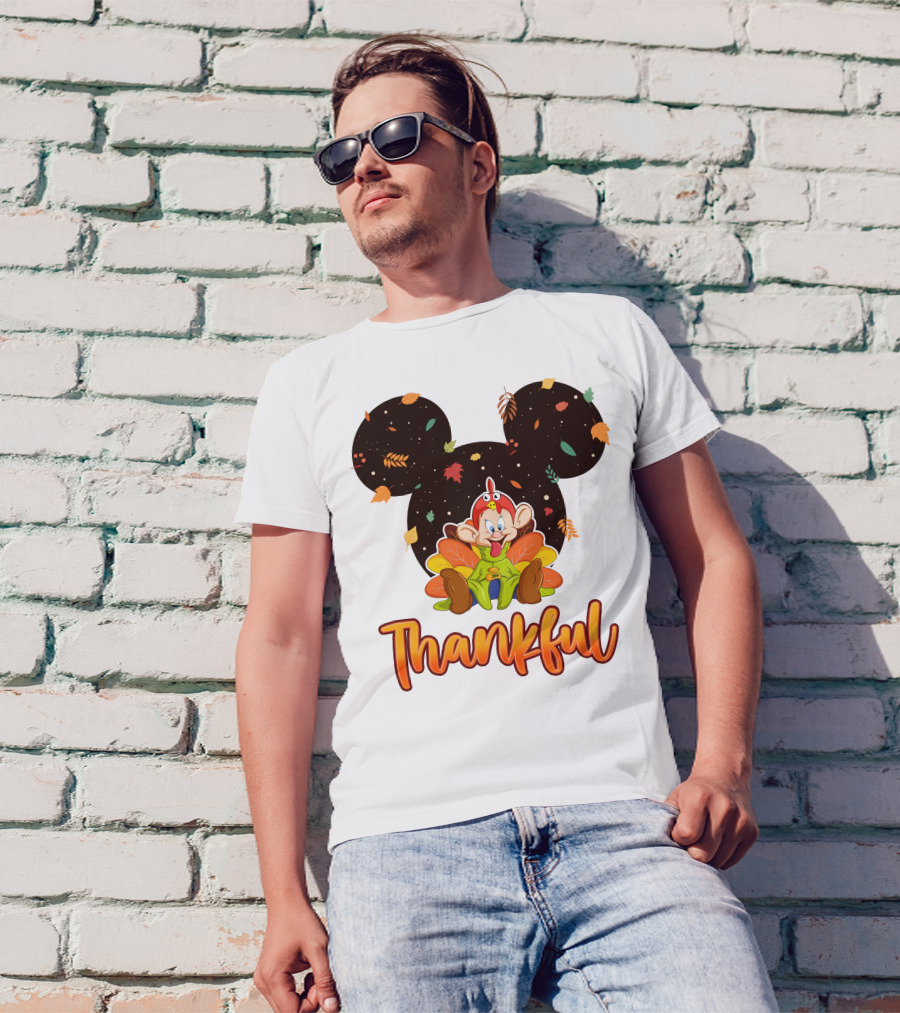 Thankful Dopey Thanksgiving Mickey Ears Fall Leaves T-Shirt