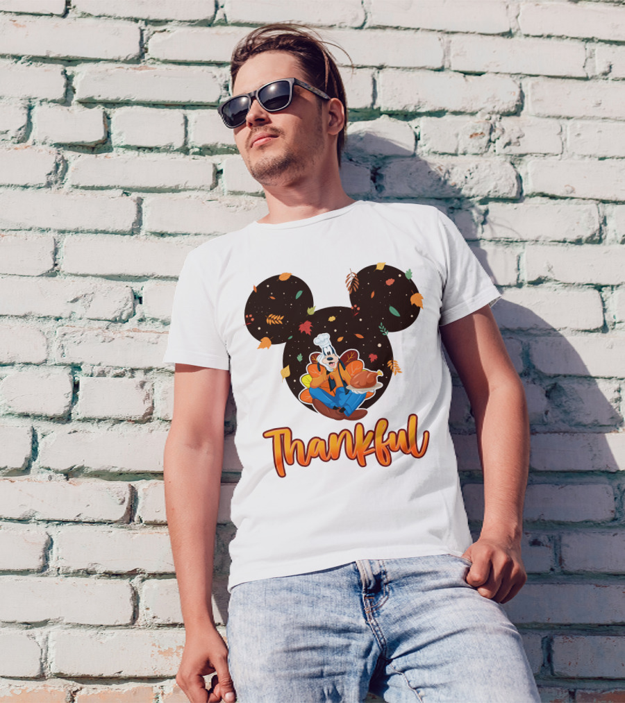 Thankful Goofy Chef With Turkey And Autumn Leaves Mickey Ears T-Shirt