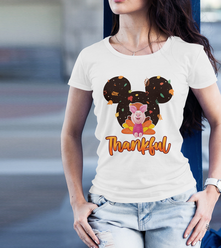 Thankful Piglet With Mickey Ears And Autumn Leaves T-Shirt