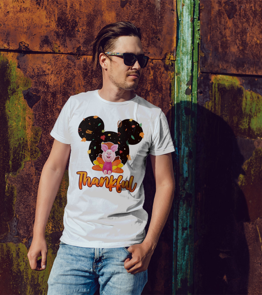 Thankful Piglet With Mickey Ears And Autumn Leaves T-Shirt