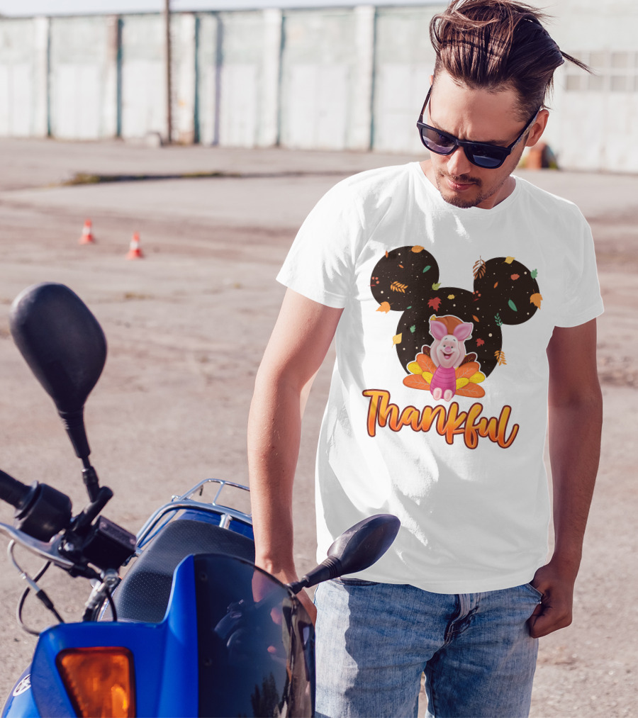 Thankful Piglet With Mickey Ears And Autumn Leaves T-Shirt