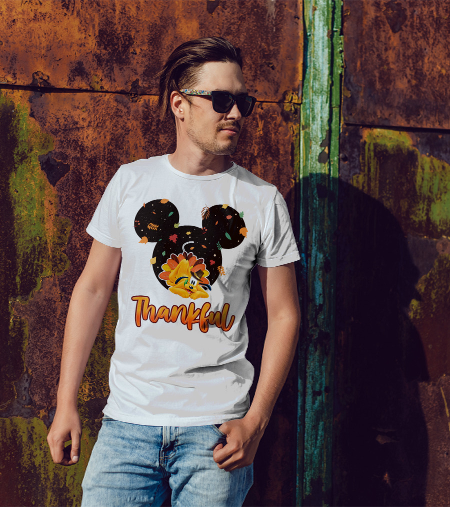 Thankful Pluto In Autumn Leaves Mickey Ears T-Shirt