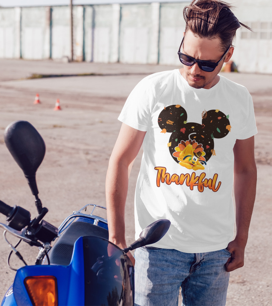Thankful Pluto In Autumn Leaves Mickey Ears T-Shirt