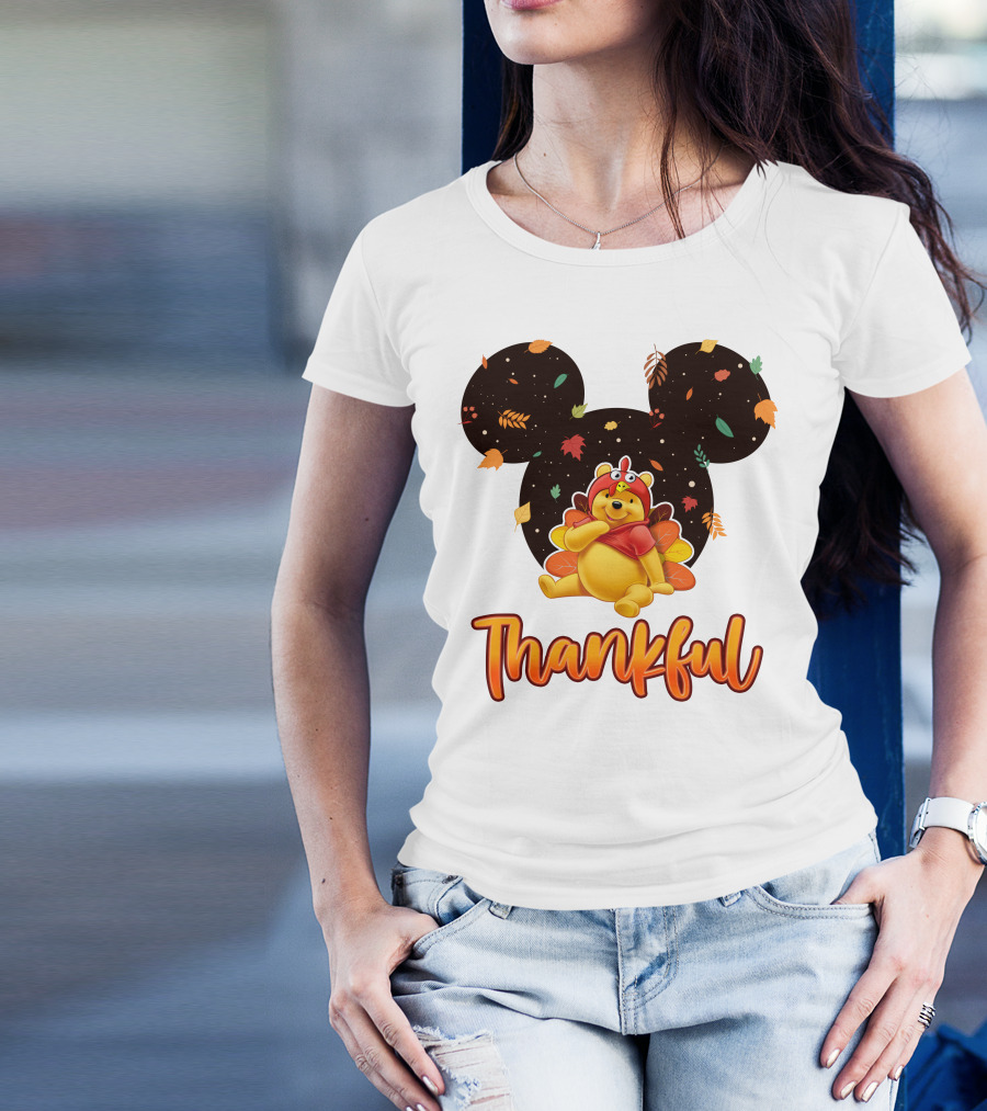 Thankful Pooh Turkey Costume Mickey Ears Leaves T-Shirt