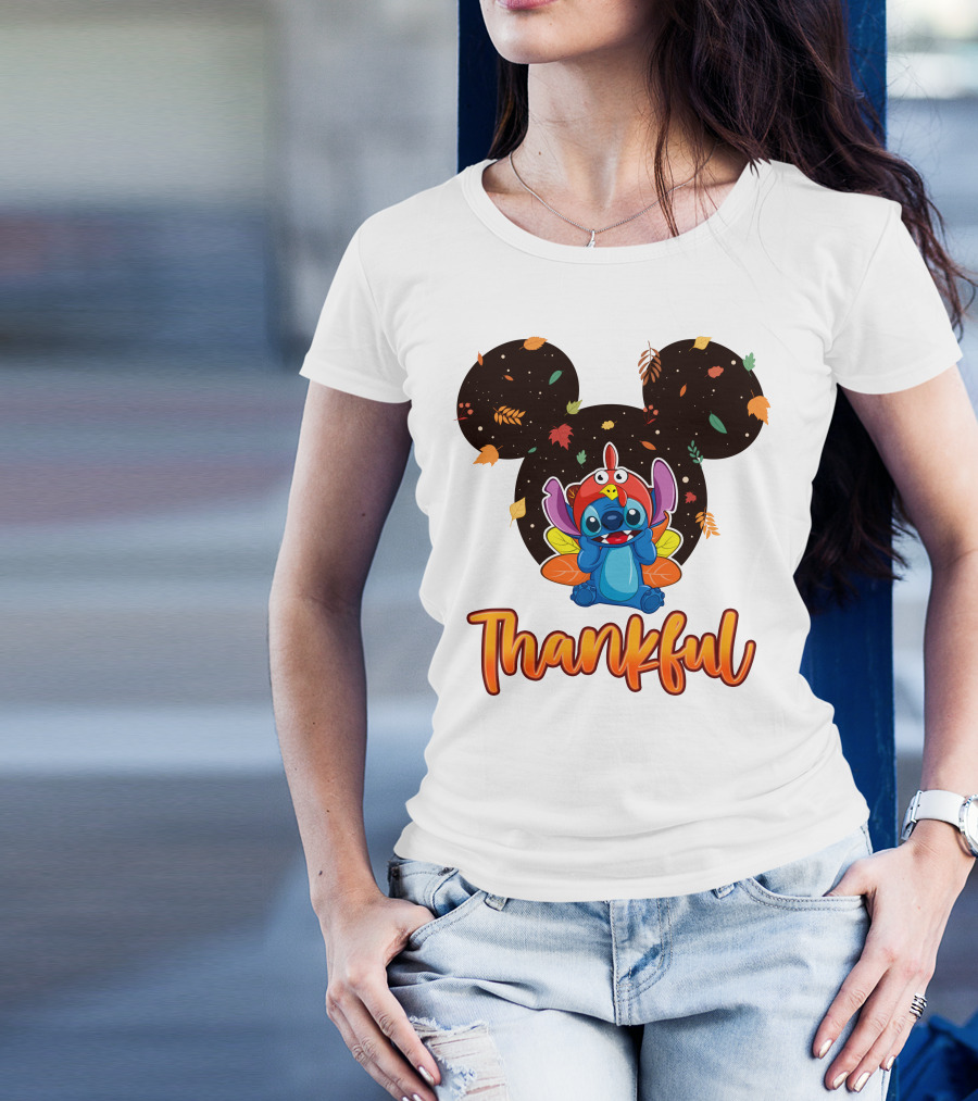 Thankful Stitch Thanksgiving Mickey Ears Autumn Leaves T-Shirt