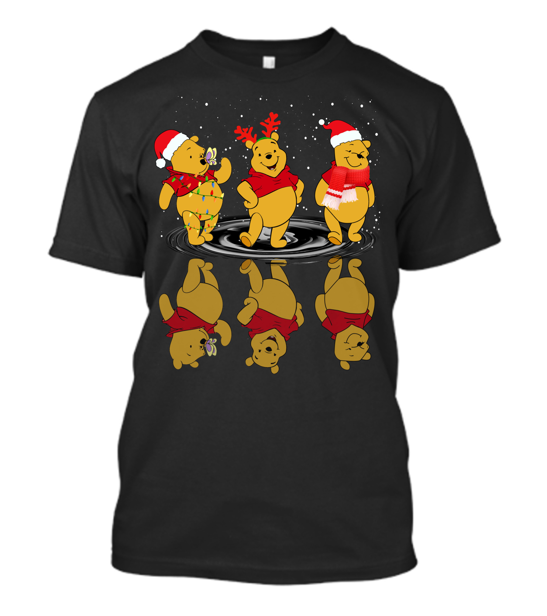 Winnie The Pooh Christmas Reflections In Holiday Hats And Scarves With Snowflakes T-Shirt