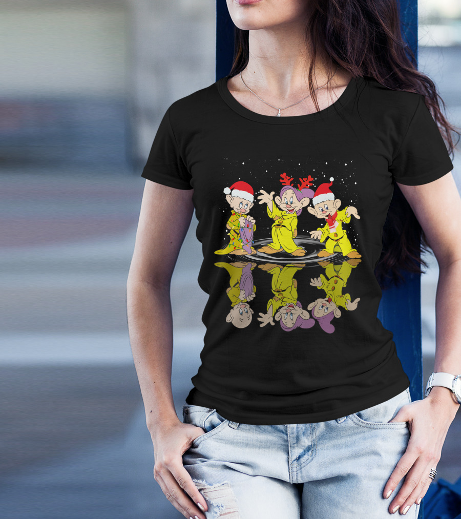 Dopey Christmas Reflections With Santa Hats And Reindeer Antlers T-Shirt