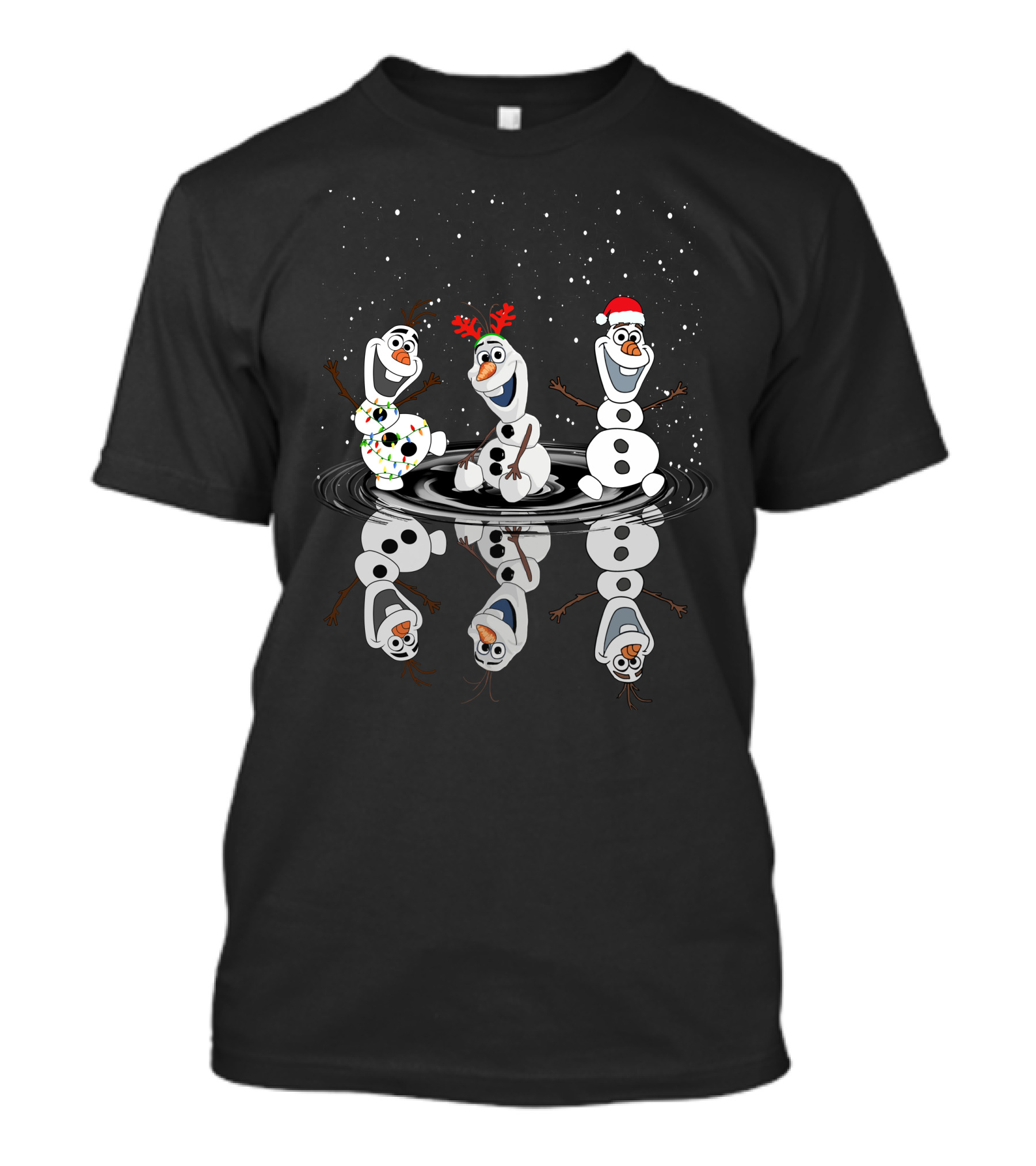Olaf Christmas Reflections With Holiday Lights And Santa Hat T-Shirt